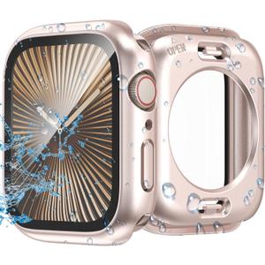 3 in 1 Waterproof Case for Apple Watch Screen Protector 41mm Series 9 8 7 Accessories Built-in Tempered Glass Film,Front and Back PC Hard Bumper 360 Protective Face Cover for iWatch 41mm (Original Pink)