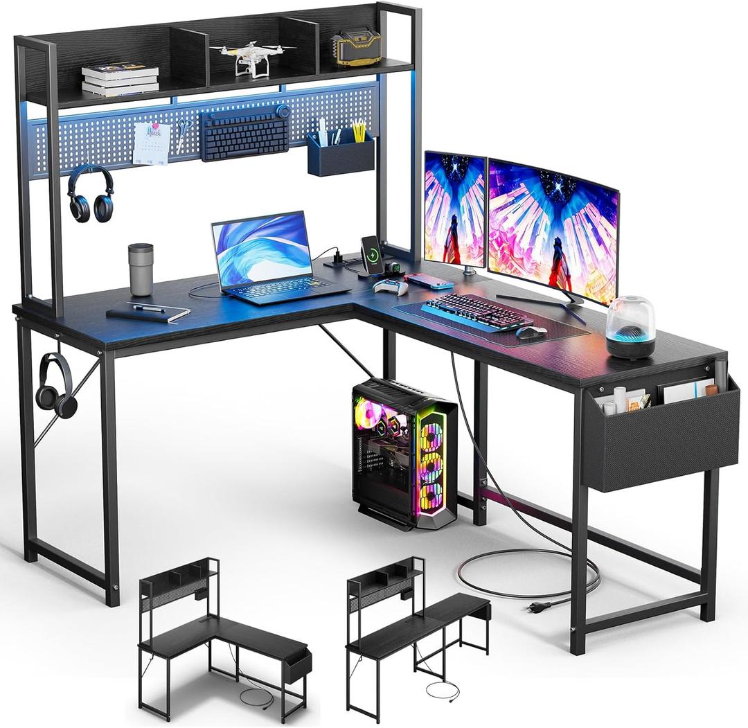 94.5'' Gaming Desk Computer Desk with Storage, L Shaped Desk with Power Outlet & LED Strip, Office Desk with Pegboard, Corner Deck for Home Office Black