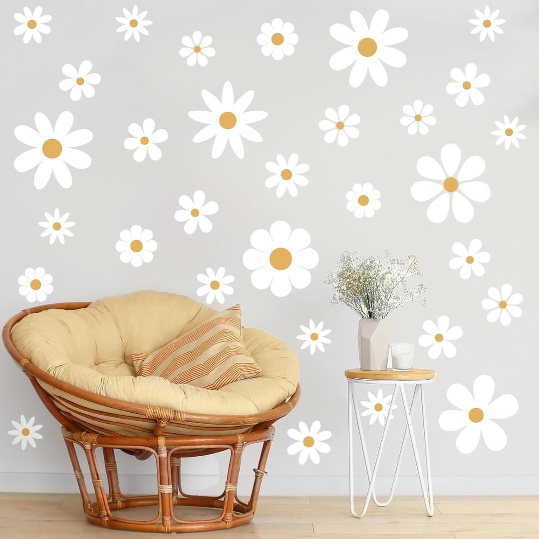 TaoBary 12 Sheet Daisy Wall Sticker Decal Removable Cute Daisy Bedroom Room Decor Flower Wall Sticker Pink White Flower Decal Wallpaper Peel and Stick for Nursery Home(White, Yellow,Classic Style)