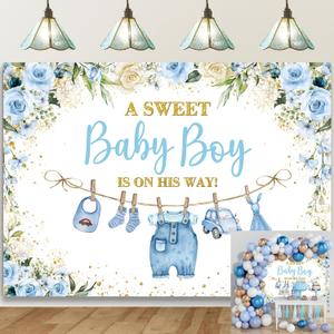 Cute Clothes Baby Shower Backdrop for Boys Blue Flowers Leaves a Sweet Baby Boy is on The Way Background Newborn Kids Baby Shower Birthday Party Decorations Banner Supplies Photo Props (Blue, 6x4FT)