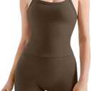 SUUKSESS Women 2 Piece Workout Sets High Waisted Tummy Control Biker Shorts Halter Padded Tank Tops L