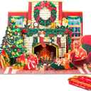 2 x Christmas Fireplace Pop Up Card, Cat and Dog, Xmas Tree, Wreath, Garland, 3D Greeting Card, Gift for Cat and Dog Person, Family, 5x7 - Includes Envelope And Message Note