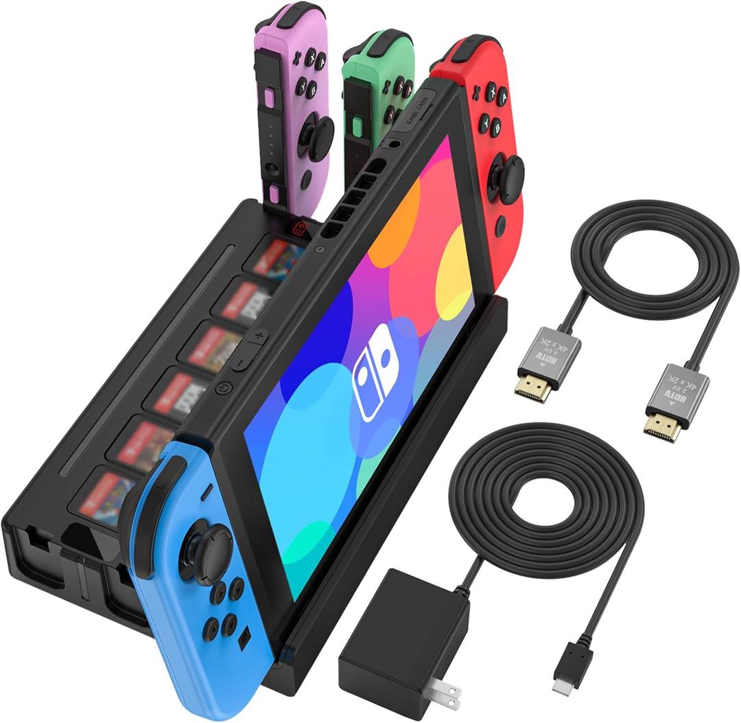 TV Docking Station with Joycon Charging for Switch,Storable 6 Game Cards/6 TF Cards,Switch Docking Station Support 4K HDMI Adapter Output with HDMI Cable and 15V/2.6A USB-C Charger