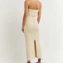 WFHFNJW Women Sexy Twist Knot Front Ribbed Knit Bodycon Bandeau Tube Dress Casual Solid Strapless Maxi Long Dress (M)