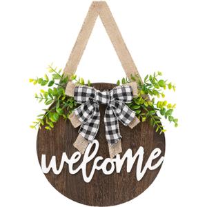 Dahey Welcome Sign for Front Door Decor 12'' Farmhouse Round Wood Wreath Wall Hanging Outdoor Home Porch Decorations for Christmas Day Winter Spring All Seasons Holiday Housewarming Gift, Brown (Small)