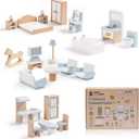 ROBUD Wooden Dollhouse Furniture Set, 23 Pcs Dollhouse Accessories, Miniature Furniture Including 5 Room Kits, Dollhouse Furniture Pretend Play Toys for Boys, Girls & Toddlers, 3+