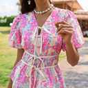 Cicy Bell Summer Babydoll Peplum Tops V Neck Puff Sleeve Bow Floral Shirts (L)