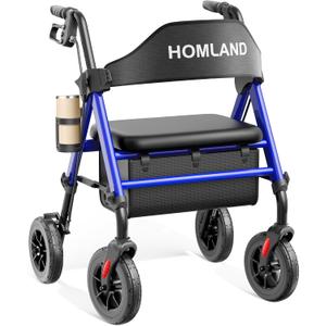 HOMLAND Walkers for Seniors with Seat, Foldable Rollator Walker, Reinforced Aluminum Frame, 8" Big Rubber Wheels for All Terrain, Height Adjustable Lightweight Rolling Walker (400 Pound, Blue)