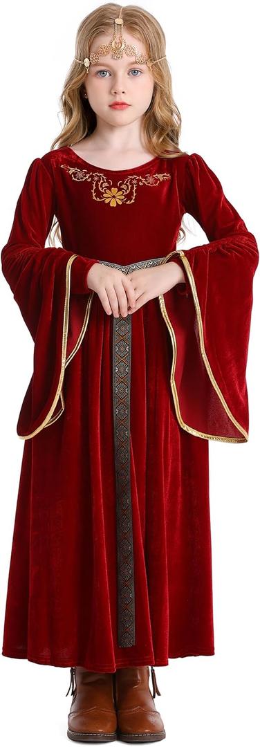 Renaissance Dress for Girls Medieval Princess Girls Costume Halloween Cosplay Renaissance Faire Outfit For Kids (130, Red)