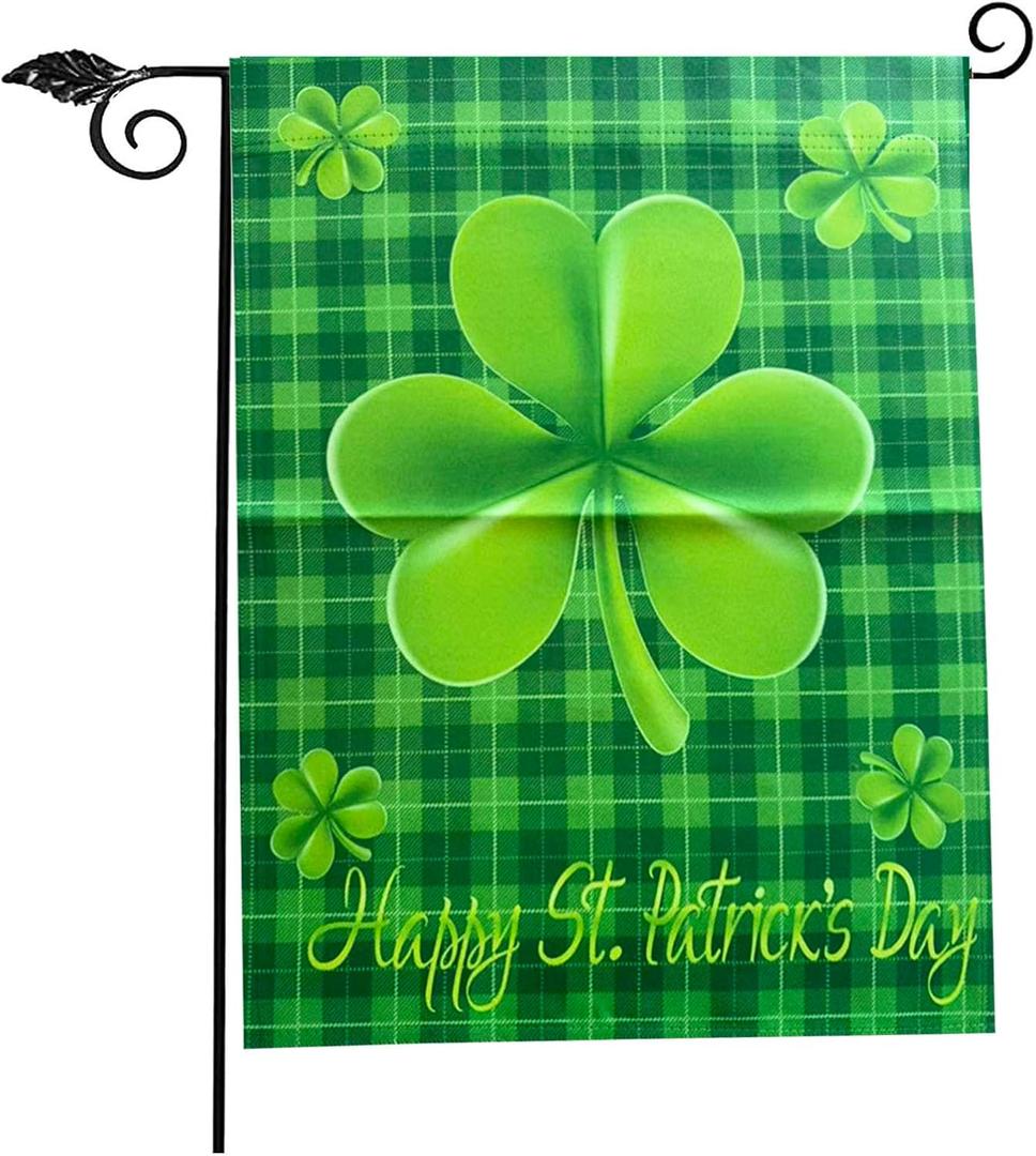 Happy St Patricks Day Shamrock Garden Flags 12x18- Patricks Yard Flag Double Sided Buffalo Check Plaid Small Green Banners for Holiday Outside Lawn Decoration