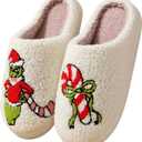 Christmas Slippers Fuzzy Plush House Footwear Soft Memory Foam Indoor Outdoor Warm Cozy Non Slip Fleece Lined Slip On Bedroom Comfy Cartoon Embroidered Holiday Gift Cute Winter Home Shoes (M)