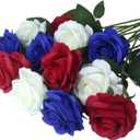 Artificial Roses Flowers, 12 Pcs Red White Blue Patriotic Long Stem Realistic Silk Roses Bouquet for 4th of July, Memorial Day Decoration (Red, White, Blue, 12-PCS)