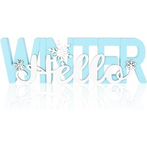 COCHIE Wooden Hello Winter Sign, Holidays Snowflake Decorations for Home, Office, Shelf, Mantel, Indoor, Wood White Snowflake Decor, Blue Table Top Party Supplies Decoration (Winter)