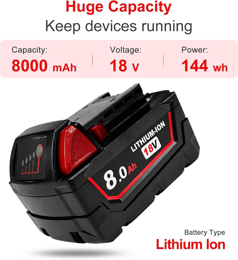 8Ah Replacement Battery for Milwaukee 18V Battery Compatible with Milwaukee 18V Power Tools