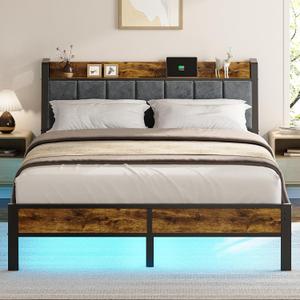 Queen Size Bed Frame with Wood Headboard, Metal Platform Bed with USB Charging Station and Smart LED Lights, No Box Spring Needed, Easy Assembly