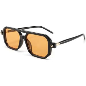 FEISEDY Vintage Square 70s Flat Aviator Sunglasses Women Men Classic Retro Stylish Frame UV400 Sunglasses B2622 (007 Black Frame & Orange Lens)
