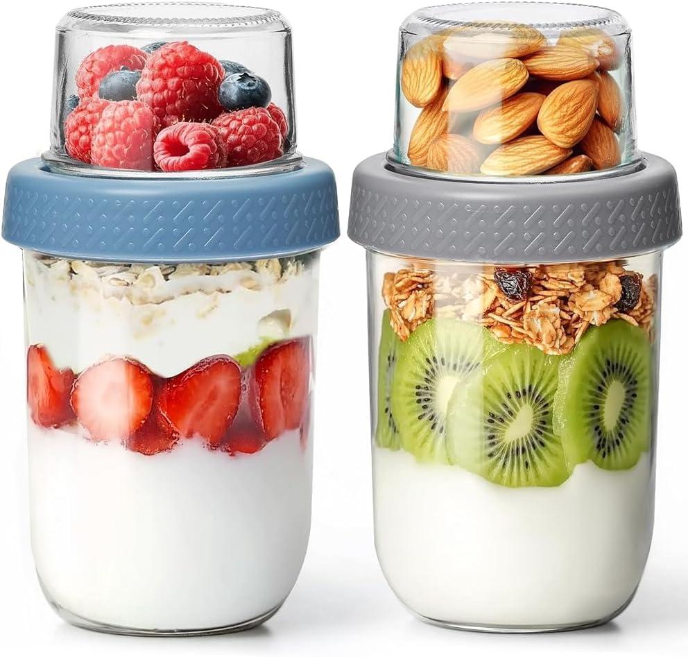 2 Pack Glass Yogurt Parfait Cups with Lids, 16+4oz Reusable Containers with Dry & Wet Separation, Leak-Proof for Overnight Oats, Meal Prep, Portable to Work & School, Easy Clean (Blue+Grey)