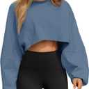 Tankaneo Womens Long Ballon Sleeve Sweatshirts Tops Cropped Crew Neck Loose Fit Casual Workout Shirts (Large, Navy)