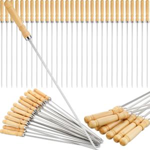 Minatee 16 Inch Kabob Skewer with Wood Handle for BBQ Camping Cookware Campfire Grill Cooking, Stainless Steel, Metal Skewers for Kabobs with Wood Handle (50 Pcs)