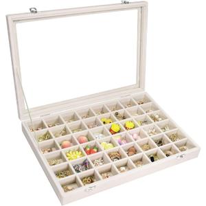 Vicoter Velvet Jewelry Tray 48 Compartments Jewelry Display Organizer with Transparent Cover Rings, Earrings, Necklaces, Pendants Storage Box for Girls, Wives, Mothers, Women (Beige)
