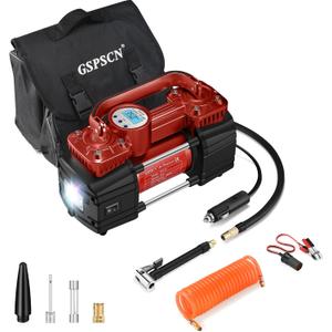 GSPSCN 6X Faster Inflation Portable Digital Car Tire Inflator with Gauge 150Psi Auto Shut-Off, Heavy Duty Double Cylinders 12V Air Compressor Pump with LED Light for Auto,Truck,Car,Bicycles,RV,SUV (Red)