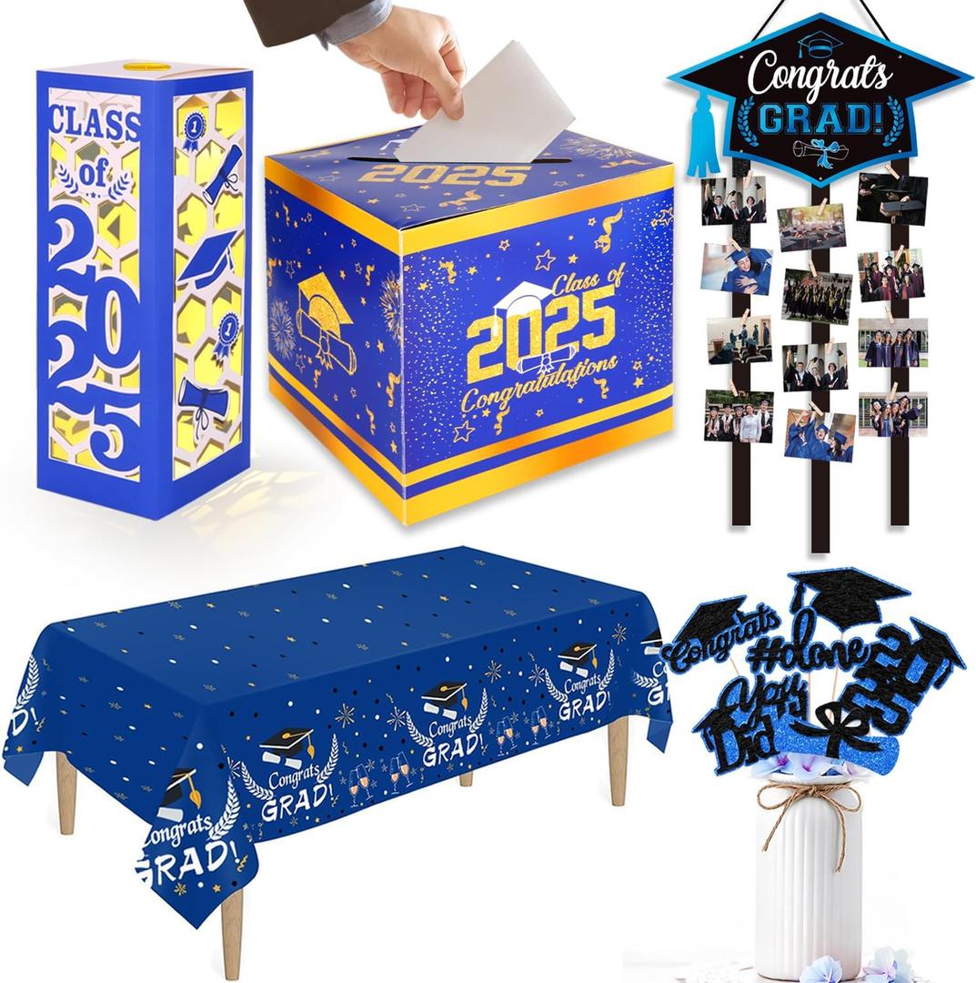 Graduation Decorations Class of 2025, Graduation Party Decoration s Set Includes Graduation Card Box, Graduation Table Cloths, Graduation Table Centerpieces, Graduation Photo Banner, Grad Party Decor
