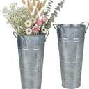 Vensovo 9" Tall Galvanized Flower Bucket, 2 Pcs French Metal Vases with Handles, Tabletop Rustic Floral Buckets for Dried Flowers, Wedding Flower Bar & Home Decor, Silver