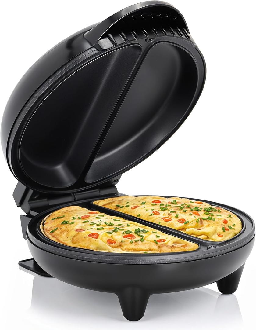 Elite Gourmet EOM205 Non-Stick Omelet Frittata Snack Pocket Maker for 2 Individual 6.5" Omelets, Stainless Steel and Black