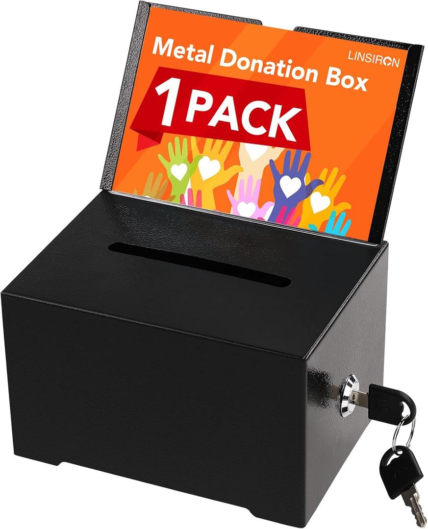 Black Metal Donation Box with Lock,raffle ticket box donation boxes for fundraising,tip jar,Suggestion Box with Sign Holder,Multi-Use Secure Storage with 2 Keys,6.3x4.72x3.94 Inch