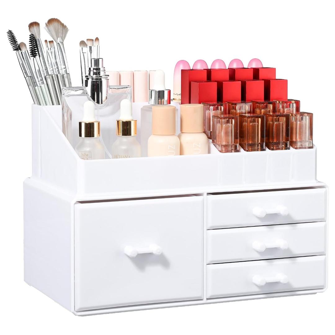 Cq acrylic Hair Accessory Organizer for Girls, Large Capacity Stackable Makeup Organizer With 4 Drawers,Dorm Decorations for College Girls and Fragrance Organizer for Vanity for Beauty Supplies,White