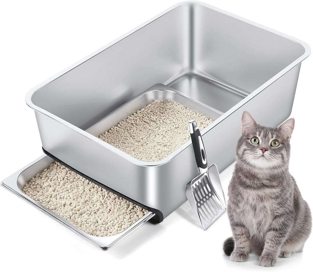 Stainless Steel Litter Box with Pull-Out Pan, 23.6" L x 15.7" Drawer Type Semi-Enclosed Cat Litter Box with Litter Scoop for Big Cat Easy Cleaning