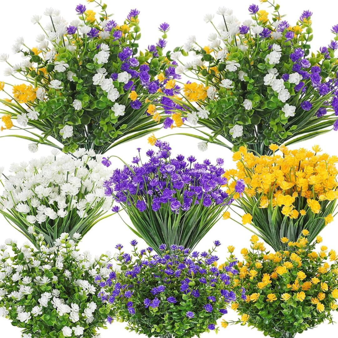 WILLBOND 36 Bundles Artificial Flowers for Outdoor, UV Resistant Faux Artificial Plants Shrubs Flower Bulk for Outside Front Porch Hanging Planter Window Box Garden Summer Decor (Yellow,Purple,White)