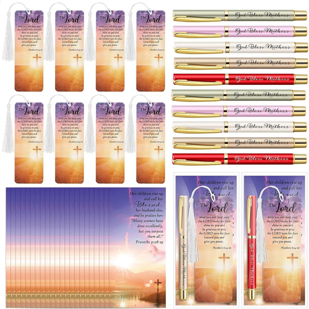 50 Set Mother's Day Bulk Gifts for Church - God Bless Mothers Ballpoint Pen & Bible Verse Bookmarks with Tassel, Religious Prayer Cards Gifts for Mom, Women, Pastor's Wife