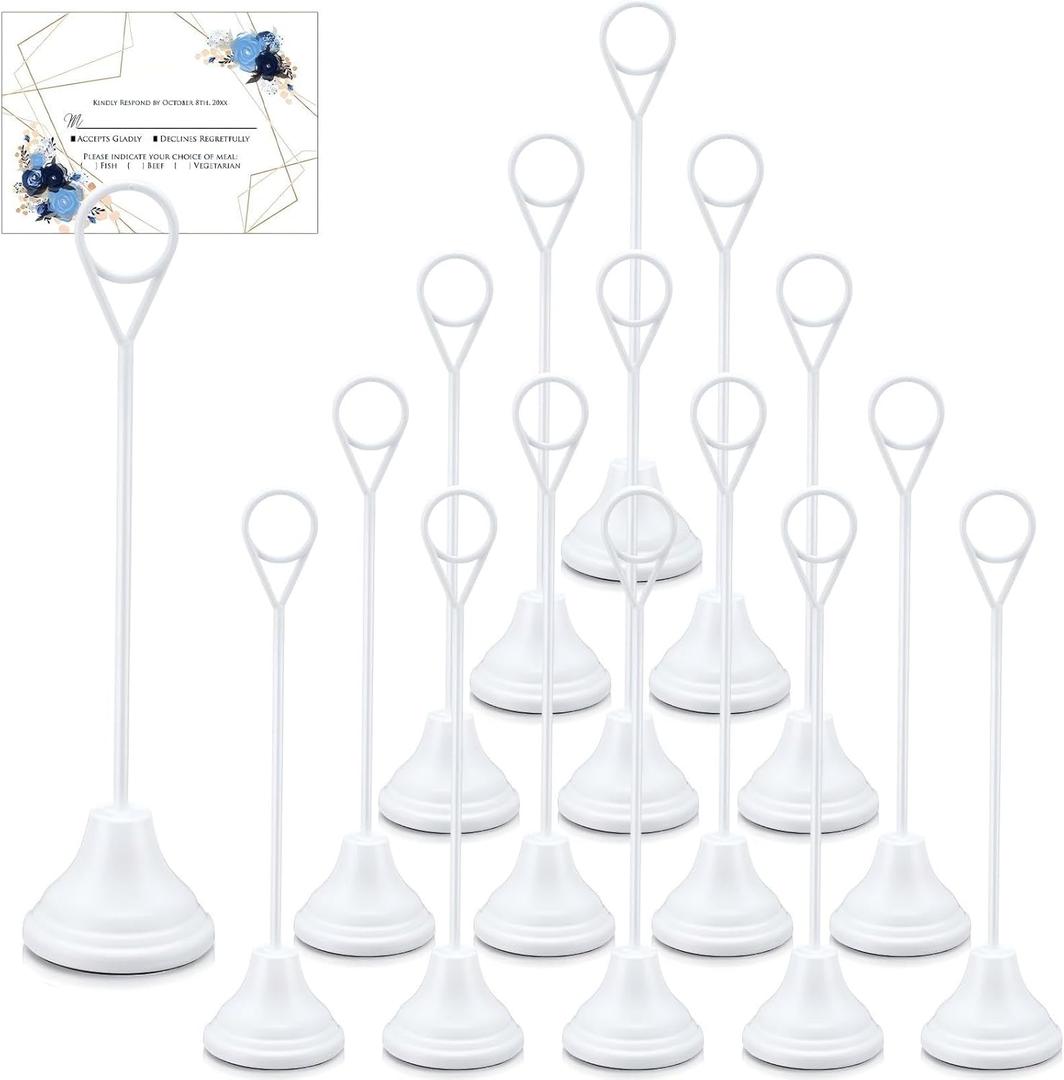 Marspark 16 Pcs Table Number Holders 8'' Metal Place Card Holders Weddings Table Sign Menu Memo Note Picture Photo Round Clip Weighted Base Stand for Anniversaries Birthdays Restaurants(White)