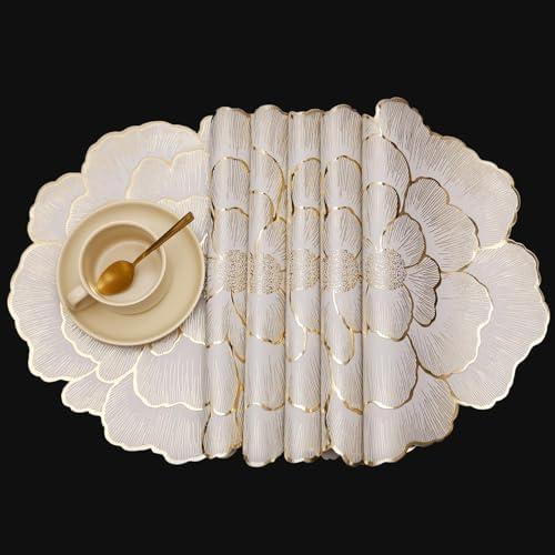FAVE 6PCS Floral Round Placemats Golden Placemats Vinyl Placemats Set of 6 for Dining Table Reusable Metallic Shiny Gold Placemats for Wedding, Banquet, Birthday, Party, Restaurant （15 x15,Gold）