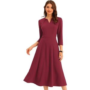 Allegra K Women's 3/4 Sleeve Dresses V Neck Elegant A-Line Work Business Formal Midi Dress with Pockets, XL