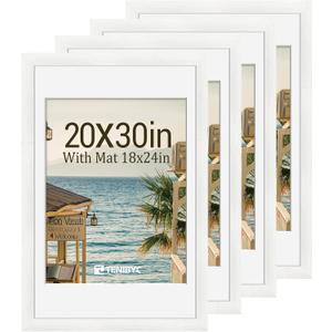 20x30 Poster Frame 4 Pack, 18x24 Mat, White Wood, for Picture
