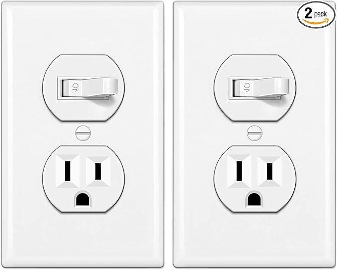BESTTEN 2 Pack Combination Toggle Light Switch and Duplex Receptacle Outlet, Single Pole Toggle Wall Switch, Grounded Outlet, Combo Style, 15 Amp, Wallplate Included, UL Listed, White
