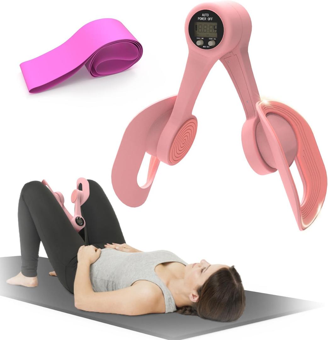 Thigh Trainer, 360Adjustable Pelvic Floor Exercise Devices with LED Display, Inner Thigh Exerciser with 20LB Resistance Band for Women, Home Fitness Equipment for Hip, Leg, Arm, LightPink