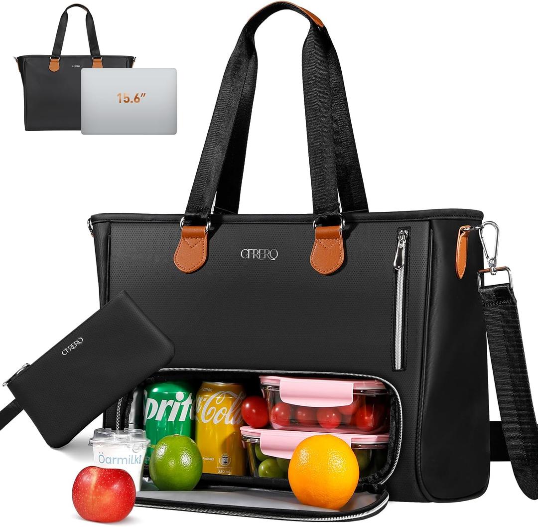 Work Tote Bag for Women, 15.6" Laptop Bags with Insulated Food Compartment, Small Purse& Shoulder Strap, Large Leather Quilted Totes for Office,Travel, Black