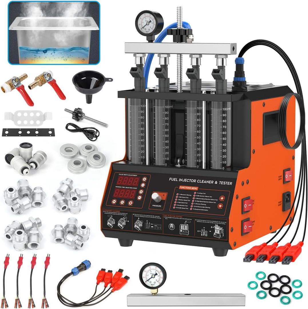 Fuel Injector Cleaner Tester Kit 2000ML 28KHz Ultrasonic & Heated Injector Cleaner Machine 9 Test Mode Injector Tester 4-Cylinder Fuel System Injection Cleaning Tool for 5V/12V Motorcycle Car Injector
