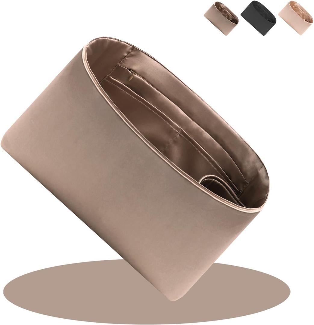 Ovignee Purse Organizer Insert for Handbags, Tote Bags, Speedy, Neverfull, ONTHEGO, Artsy - Silk Smooth with Bottle Holder - 4 Sizes (Brown)