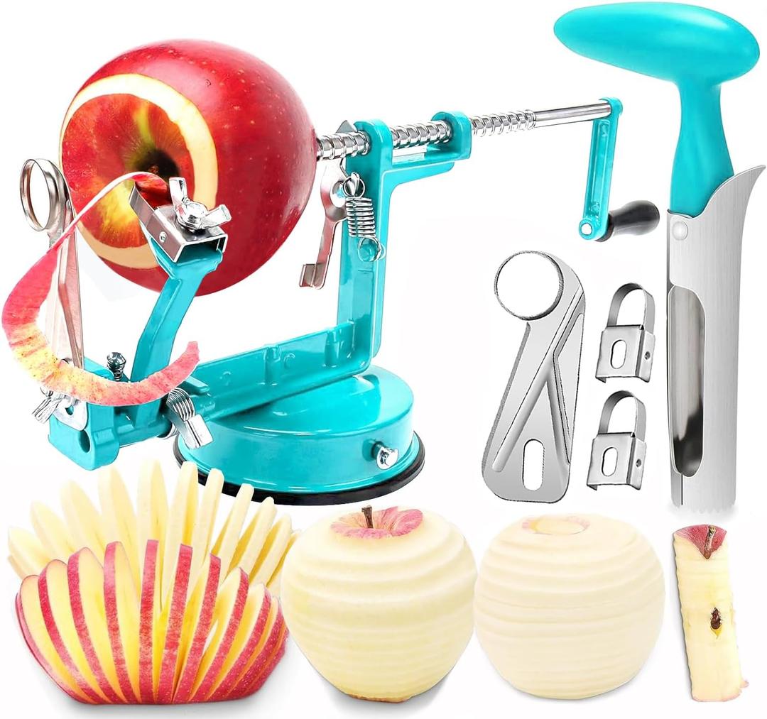 Apple Peeler Corer, 5 In 1 Apple Peeler Slicer Corer with Stainless Steel Blades and Powerful Suction Base for Apples and Potatoes(Teal)
