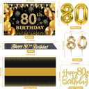 80th Birthday Decorations Men Women with 80th Birthday Banner, Black and Gold Table Cloth, Number Balloons, Large Sash, Cake Topper and Candles
