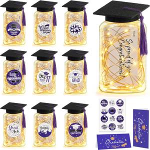 9 Pcs Graduation Centerpieces for Tables with LED Lights, Class of 2026 Graduation Tables Decorations, Mason Jar Style Table Decor with String Lights, Caps, Notes Cards, Stickers & Adhesive Spots