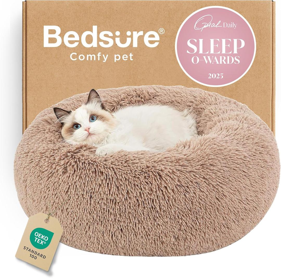 Bedsure Calming Cat Beds for Indoor Cats - Small Cat Bed Washable 20 inches, Anti-Slip Round Fluffy Plush Faux Fur Pet Bed, Fits up to 15 lbs Pets, Camel