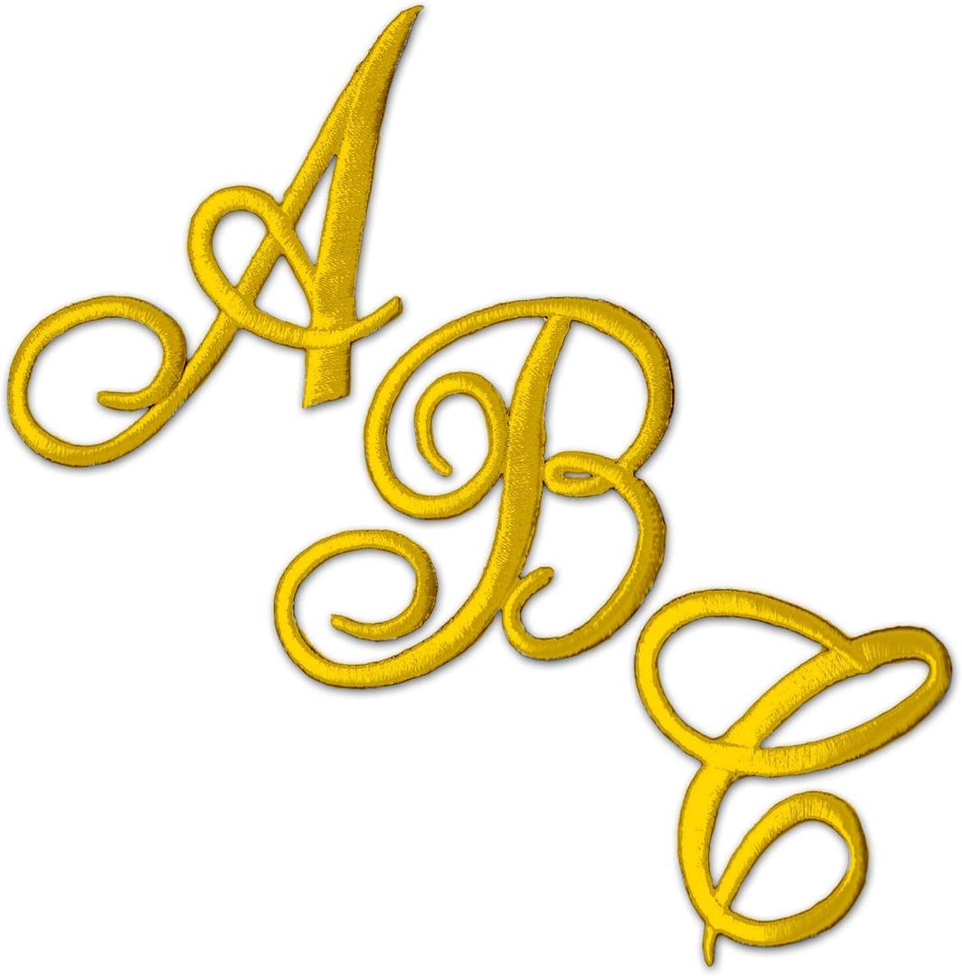 Gold Monogram Letter Patches (26 Pieces) | Embroidered Iron On Letters Cursive Appliques, Kit Includes All 26 Yellow Gold Cursive Letters for Fabric, Clothing, Stockings, and More! (Large)