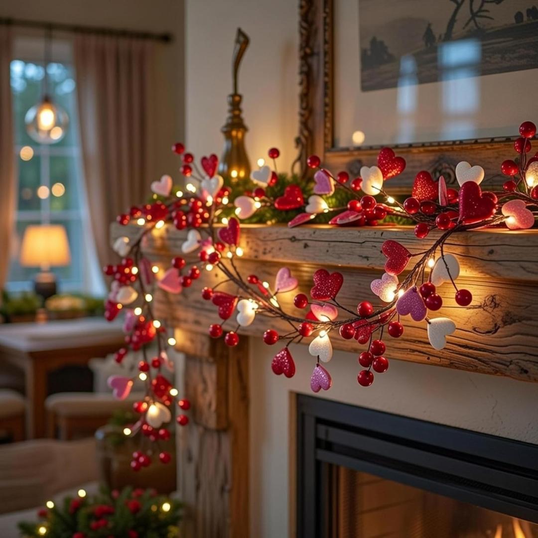 Jutom 6 ft Valentine's Day Garland for Mantel with String Lights Red Pink Berry Glitter Heart Garland Battery Operated Centerpiece Decorations for Valentine's Day Wedding Fireplace Stairs Table Decor