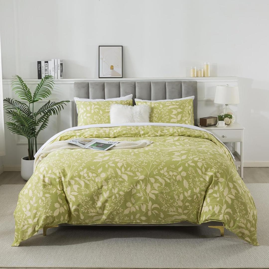 Travan Cotton Duvet Cover Queen Green Floral Duvet Covers Super Soft Comforter Cover with Zipper Closure, (Green Floral, Queen Size)