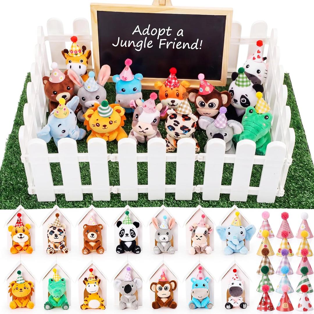 Blueweenly 54 Pcs Adopt a Jungle Animal Theme Party Favor Include 14 Forest Mini Safari Stuffed Animal 15 Hats 14 DIY House Box 1 Mini Chalkboard 10 Fence, Adoption Pet Jungle Birthday Party Supplies